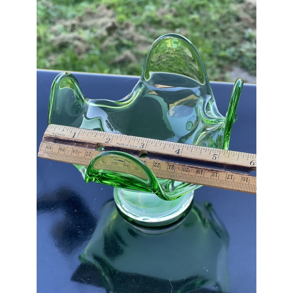 Vintage Art Glass Handkerchief Candy Bowl Pedestal Green Clear Base Epic Finger‎ - Picture 15 of 16
